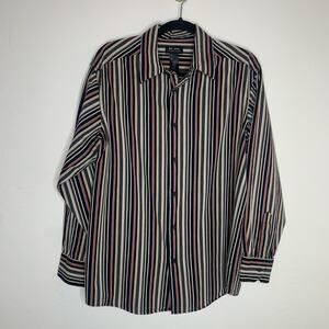 Axcess Claiborne Black Red Tan Vertical Striped Button Up Shirt Sz Large